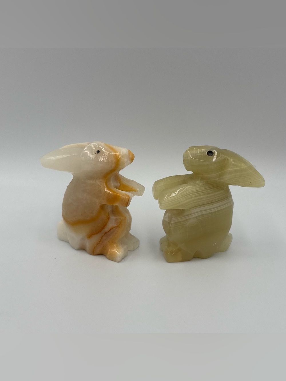 RARE Vintage Crystal Green Onyx & Honey Onyx Stone Carved Bunny Rabbits 2”